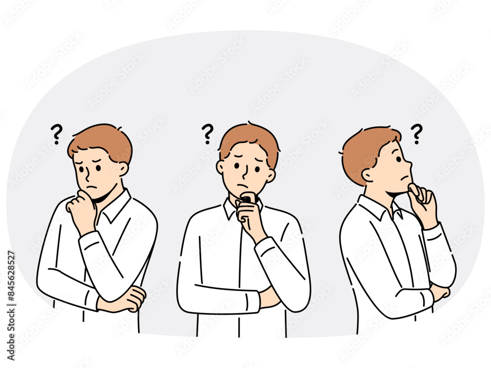 Male employee feel confused looking for problem solution or answer. Businessman frustrated brainstorm search for trouble solving idea. Vector illustration. Male employee feel confused looking for problem solution or answer. Businessman frustrated brainstorm search for trouble solving idea. Vector illustration.