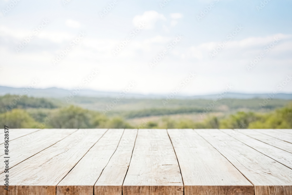 Rustic Wooden Tabletop with Blurred Countryside Background Rustic Wooden Tabletop with Blurred Countryside Background