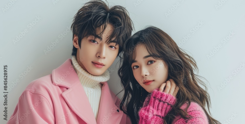 A screenshot of a Kpop idol music video. The male star is wearing pink and holding hands with his girlfriend in her dress. They both have long hair and look happy against a white background. A screenshot of a Kpop idol music video. The male star is wearing pink and holding hands with his girlfriend in her dress. They both have long hair and look happy against a white background.