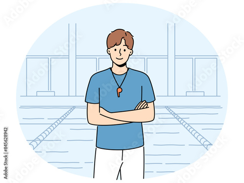 Smiling male swimming coach with whistle standing near pool. Happy lifeguard posing in swimming pool. Occupation concept. Vector illustration.