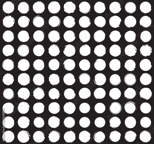 White circle brushstroke vector isolated on black background. 100 Grunge circles. Circle brushstroke.