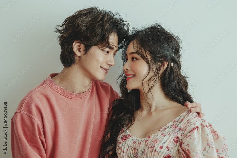 A screenshot of a Kpop idol music video. The male star is wearing pink and holding hands with his girlfriend in her dress. They both have long hair and look happy against a white background.