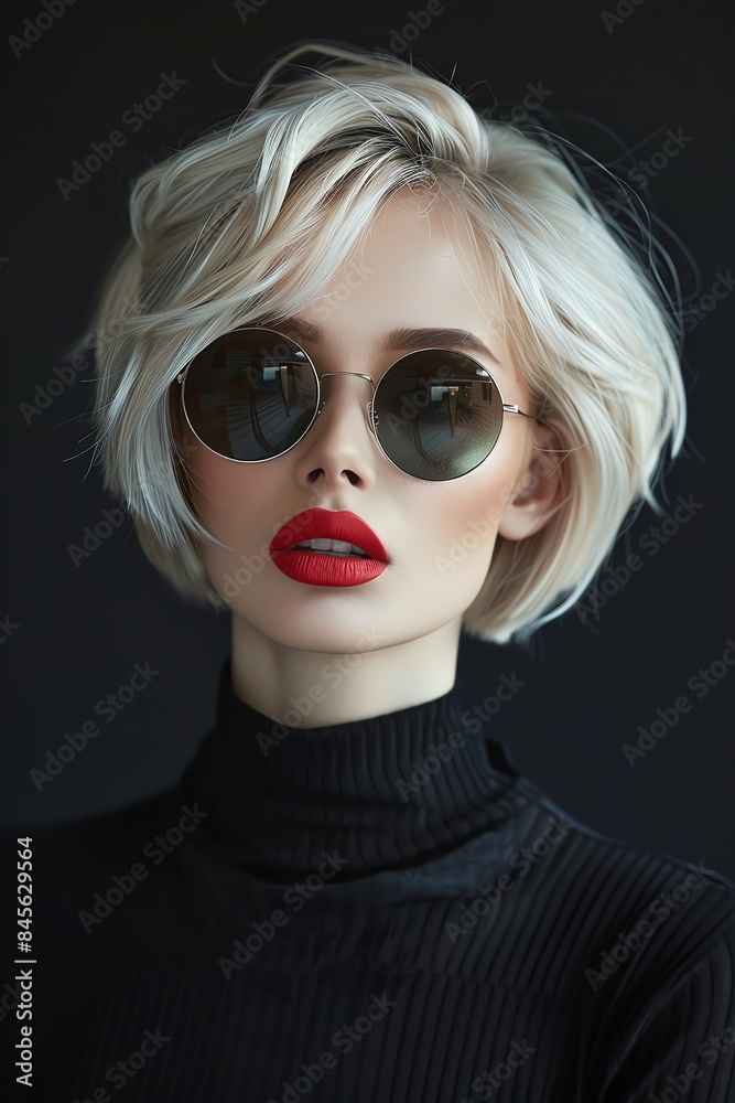 Stylish woman with short blonde hair and sunglasses, high fashion, cool and detached, closeup Stylish woman with short blonde hair and sunglasses, high fashion, cool and detached, closeup