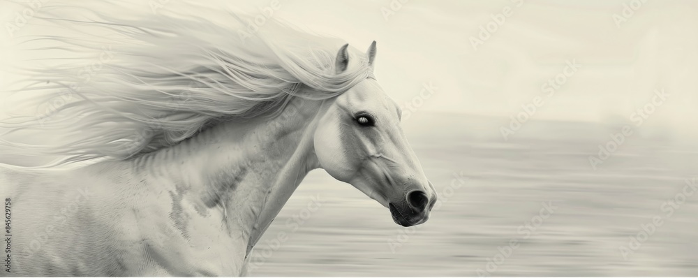 White horse running on the beach, monochrome artistic shot. Equine elegance and freedom concept White horse running on the beach, monochrome artistic shot. Equine elegance and freedom concept