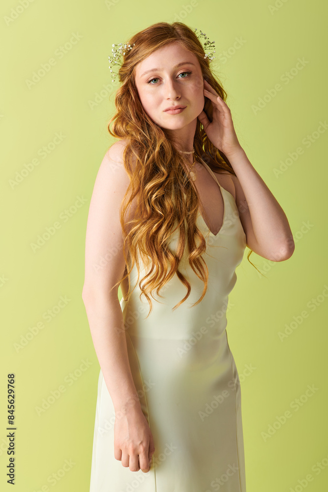 A young woman in a white dress, with long, red hair, looks to the side as she poses against a green backdrop. A young woman in a white dress, with long, red hair, looks to the side as she poses against a green backdrop.