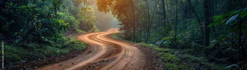 Obraz premium Winding dirt road through lush green forest, soft lighting, peaceful scene, wide angle