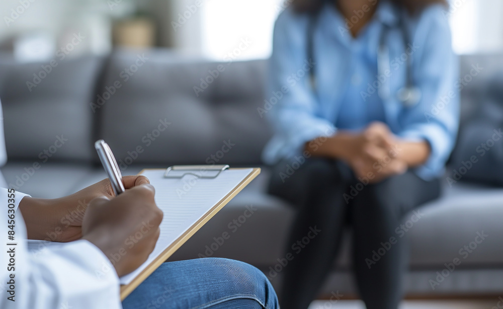 Obraz premium A therapist writing notes on a clipboard while a patient sits in the background during a therapy session.