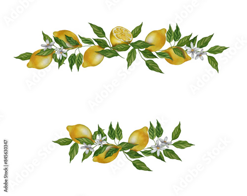 Watercolor lemons branch  frame with leaves and flowers. Summer citrus fruit illustration. Botanical lemon  border.