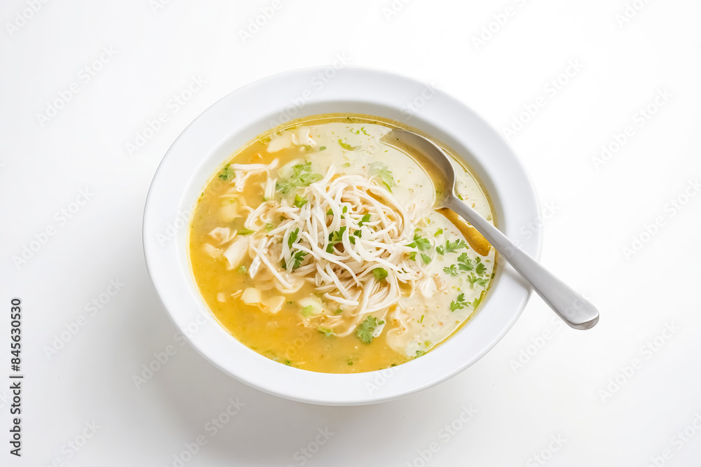 Chicken Noodle Soup in White Bowl with Spoon Chicken Noodle Soup in White Bowl with Spoon