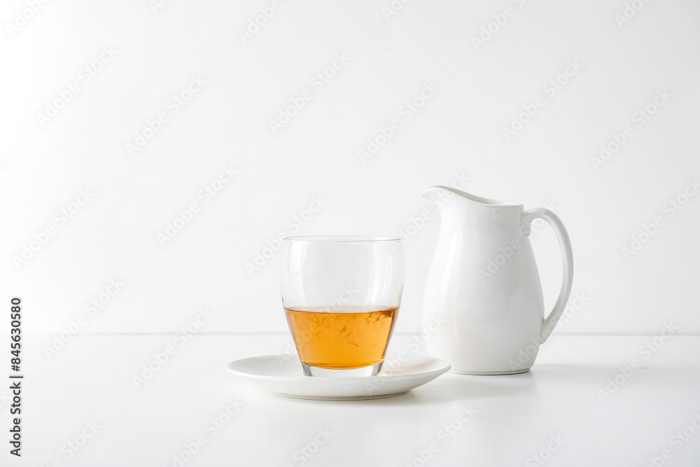 Glass of tea with white saucer and pitcher on white table Glass of tea with white saucer and pitcher on white table
