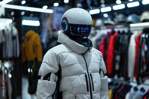A robot in a white jacket stands in a store