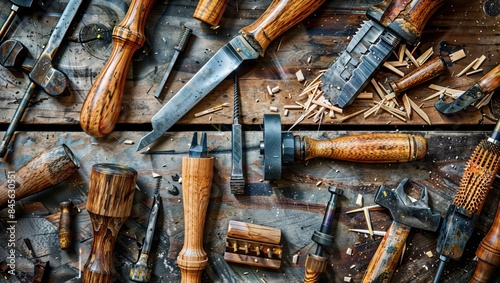 A variety of vintage woodworking tools on a rustic wooden workbench, showcasing craftsmanship and traditional carpentry tools. photo
