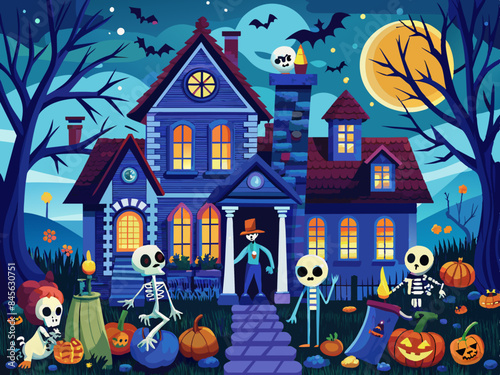 Party Of Pumpkins And Zombies In Graveyard At Moonlight, Deformed And Church with Reassembled Parts
