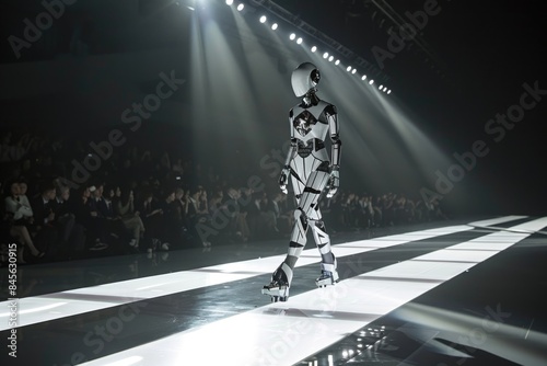 A man in a robot costume walks down a runway in front of a crowd © Hanna