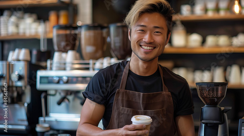 A photo of an attractive Asian young handsome man working as a barista , smiling and making coffee at the front counter while holding a latte macchiato cup with a riser machine in the background.