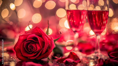 Beautiful photo of roses and wine glasses for Valentine's Day.