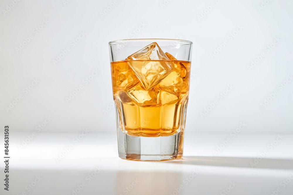 Glass of amber liquid with ice cubes Glass of amber liquid with ice cubes