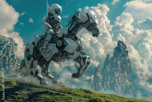 A robot is riding a horse in a field