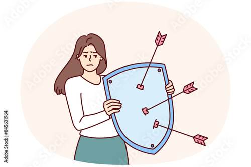 Disgruntled woman with shield defends herself from harassment and annoying advances or inappropriate compliments. Cupid arrows symbolize attempts to seduce girl upset after sexual harassment