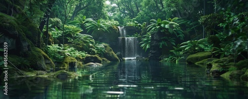 Lush green forest with a hidden waterfall cascading into a natural pool, 4K hyperrealistic photo © Viacheslav