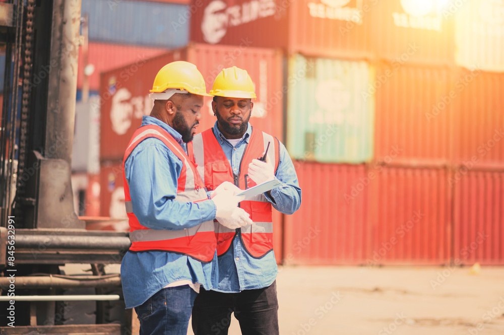 Two African American logistic workers wearing reflective vests and white helmets talk about logistics operations at shipping container yard. Transportation import and export logistic industry concept.