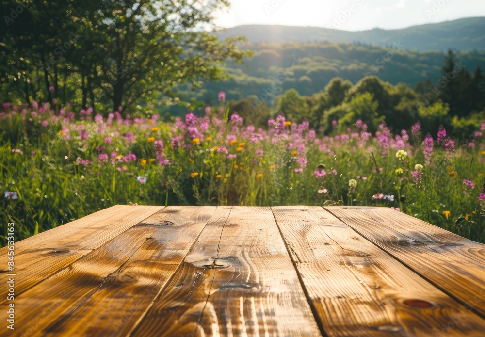 Wooden table top with blurred background of a meadow in summer Wooden table top with blurred background of a meadow in summer