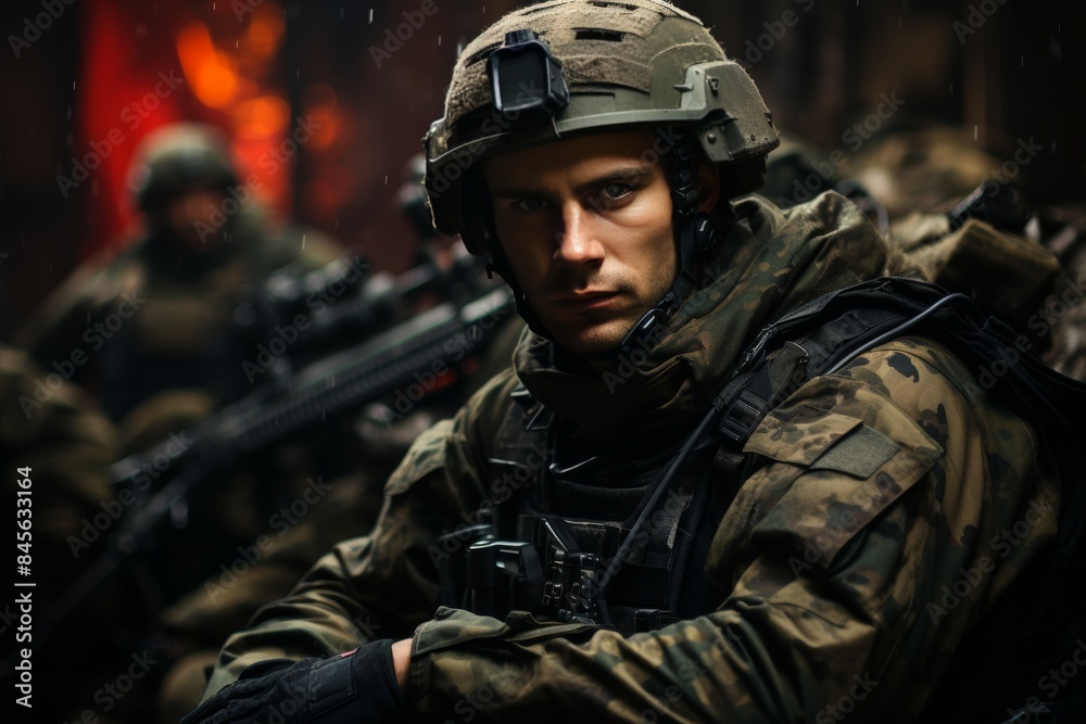 Portrait of a soldier in army gear on the battlefield. Russian Ukrainian War. Portrait of a soldier in army gear on the battlefield. Russian Ukrainian War.