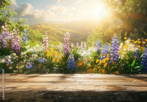 Wooden Tabletop with Summer Flowers and Sunlit Landscape