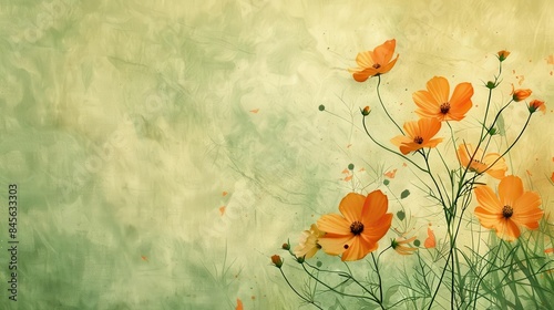 watercolor green and orange floral background with ample copy space abstract art