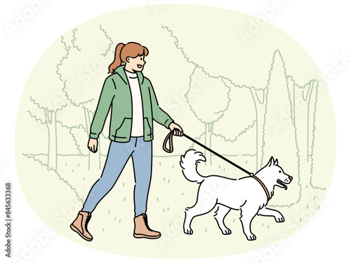 Smiling woman walking with dog on leash in park. Happy girl enjoy walk with puppy in nature. Pet ownership concept. Vector illustration.