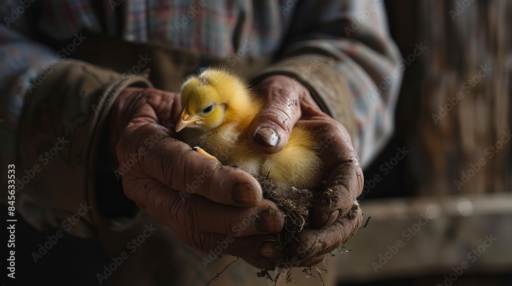 weathered farmers hands gently cradling fluffy yellow chick in dimly lit barn lifestyle photography weathered farmers hands gently cradling fluffy yellow chick in dimly lit barn lifestyle photography