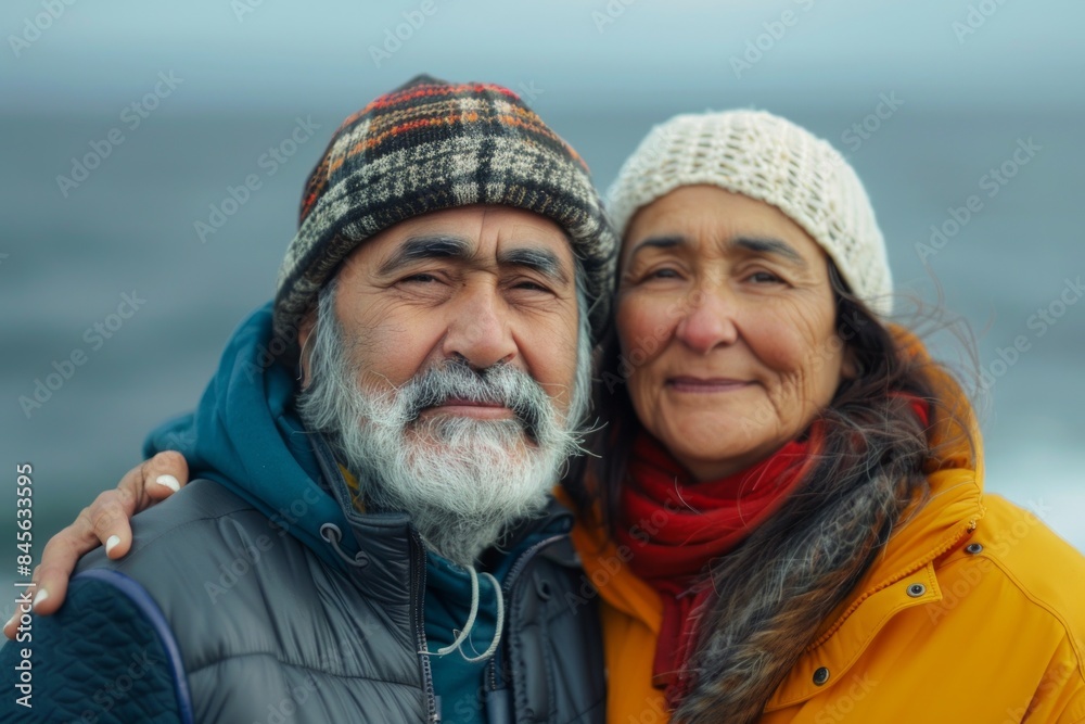 Portrait of a content indian couple in their 60s donning a warm wool beanie on serene seaside background Portrait of a content indian couple in their 60s donning a warm wool beanie on serene seaside background