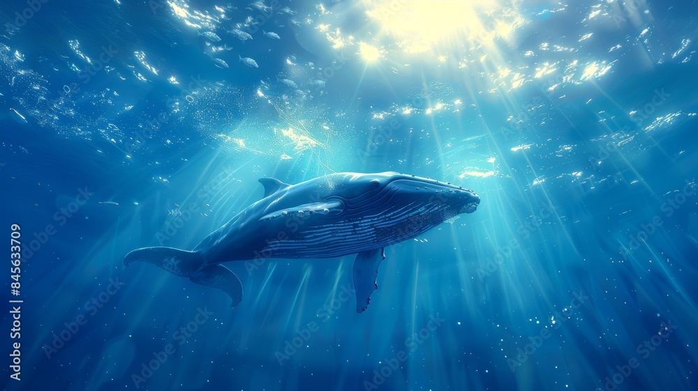 Fototapeta premium Majestic Blue Whale Swimming in Sunlit Ocean Depths. A breathtaking depiction of a giant blue whale gliding gracefully through deep blue ocean waters, illuminated by rays of sunlight from above.