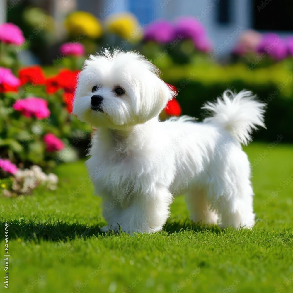 The Maltese lapdog lives in a bright garden - an image focused on the user's intelligence The Maltese lapdog lives in a bright garden - an image focused on the user's intelligence
