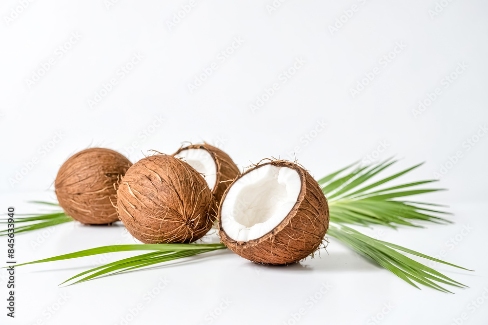 Fresh coconuts with palm leaves on white background