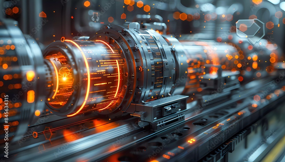Algorithmic Precision, Precision machinery surrounded by data patterns and algorithms, Algorithmic Precision, Precision machinery surrounded by data patterns and algorithms,