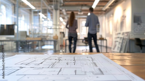 Entrepreneurs collaborating with an architect in an empty office space