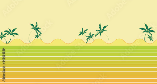 Summer geometric banner with sea wave, bright sky, green palm trees and colorful gradient ground. Vector illustration of sunny day.