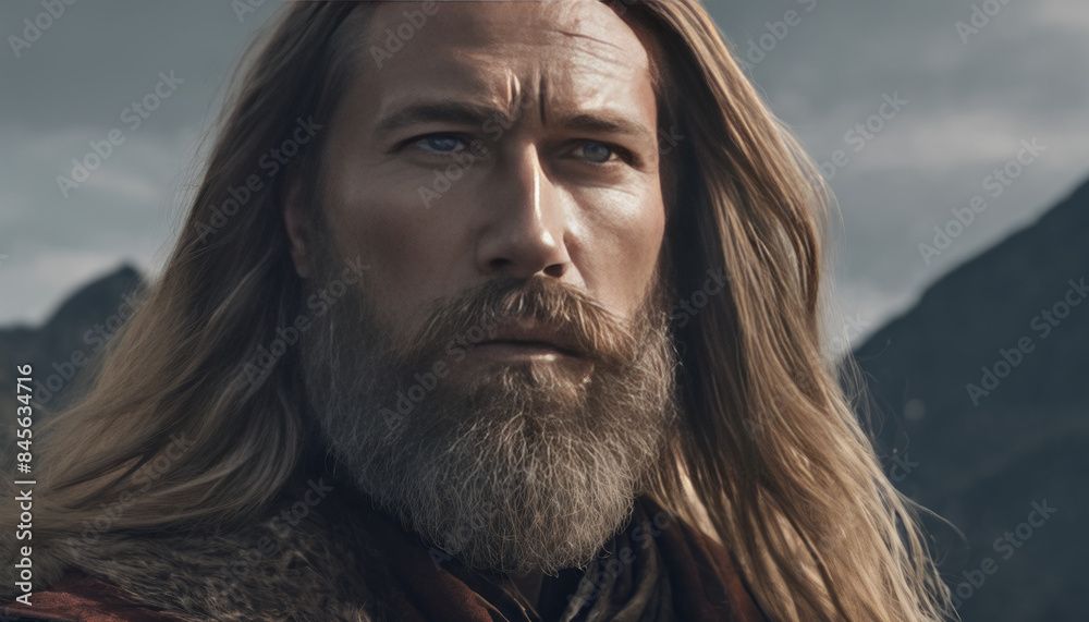 Intense Portrait of a Bearded Man with Long Hair in Dramatic Lighting. Generative AI Intense Portrait of a Bearded Man with Long Hair in Dramatic Lighting. Generative AI