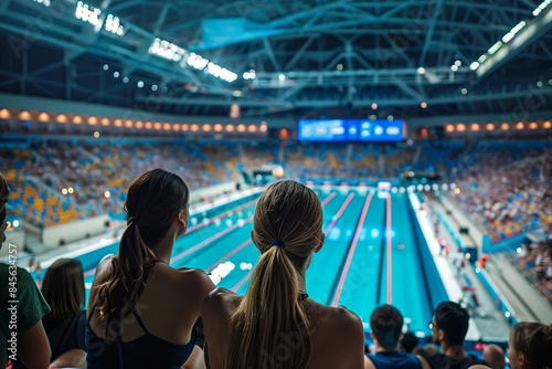 Picture of two girls in the stands watching a swimming race photo