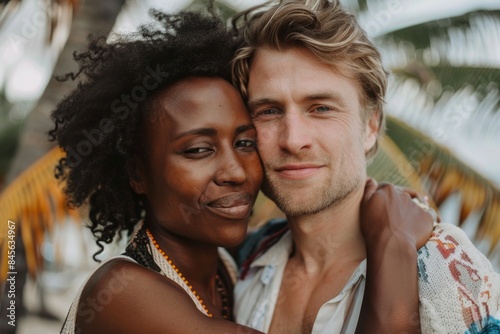 Portrait of a tender multiethnic couple in their 30s wearing a chic cardigan on tropical island background © Markus Schröder