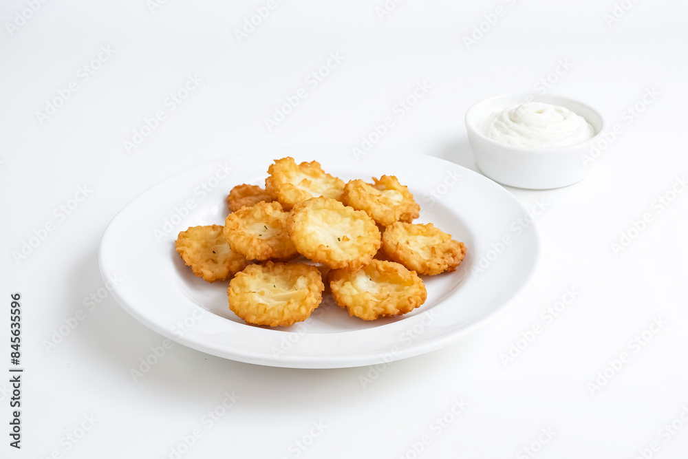 Crispy Potato Rounds with Creamy Dip on a White Plate Crispy Potato Rounds with Creamy Dip on a White Plate