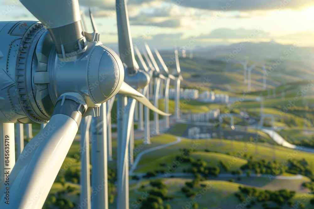 Fototapeta premium Wind power plant and technology. Smart grid. Renewable energy. Sustainable resources.