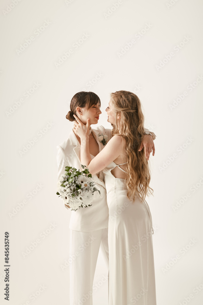 Two brides, dressed in white, stand close and embrace, looking into each others eyes. The bride on the left holds a bouquet of white flowers. Two brides, dressed in white, stand close and embrace, looking into each others eyes. The bride on the left holds a bouquet of white flowers.