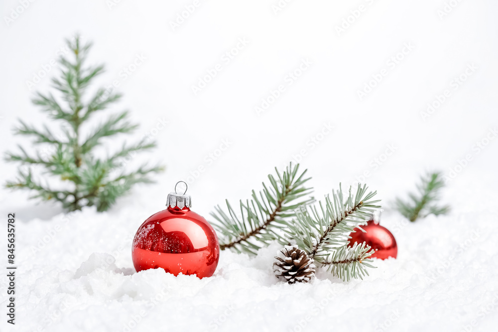 Red Christmas Ornament and Pine Cone in Snow Red Christmas Ornament and Pine Cone in Snow