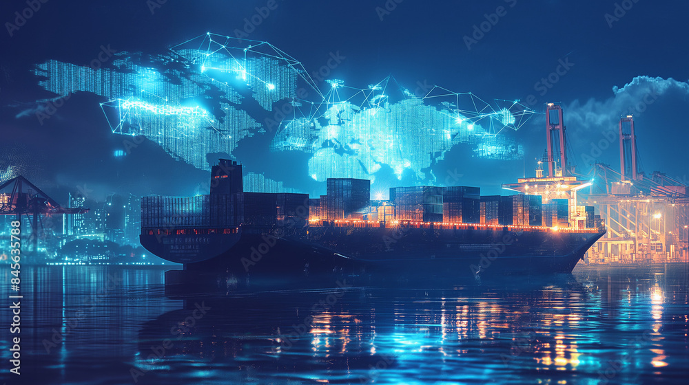 Obraz premium Futuristic Cargo Ship at Night Port with Digital Map Overlay, Illuminated Cranes, and Reflections on Water