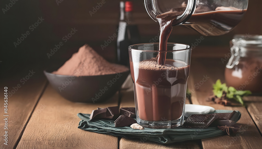 Fototapeta premium A glass of chocolate milk is poured into a glass
