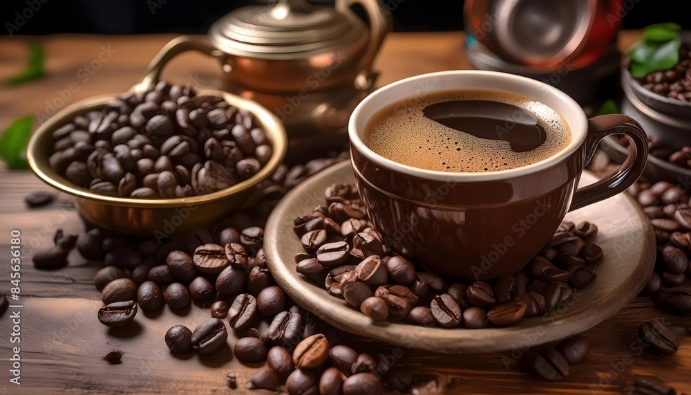 Fototapeta premium A cup of coffee is sitting on a plate of coffee beans