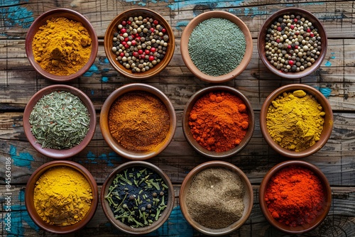 A top-down view of various colorful spices, including turmeric, paprika, cumin, and coriander, arranged in beautiful ceramic bowls on a rustic wooden table. Generative AI