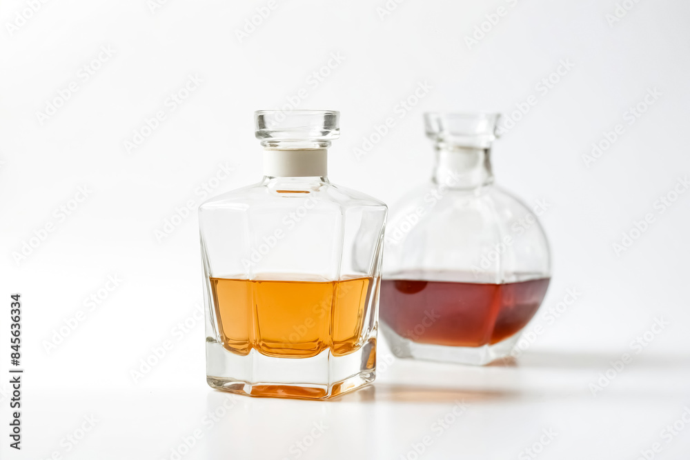 Two Glass Bottles of Alcohol on a White Background Two Glass Bottles of Alcohol on a White Background